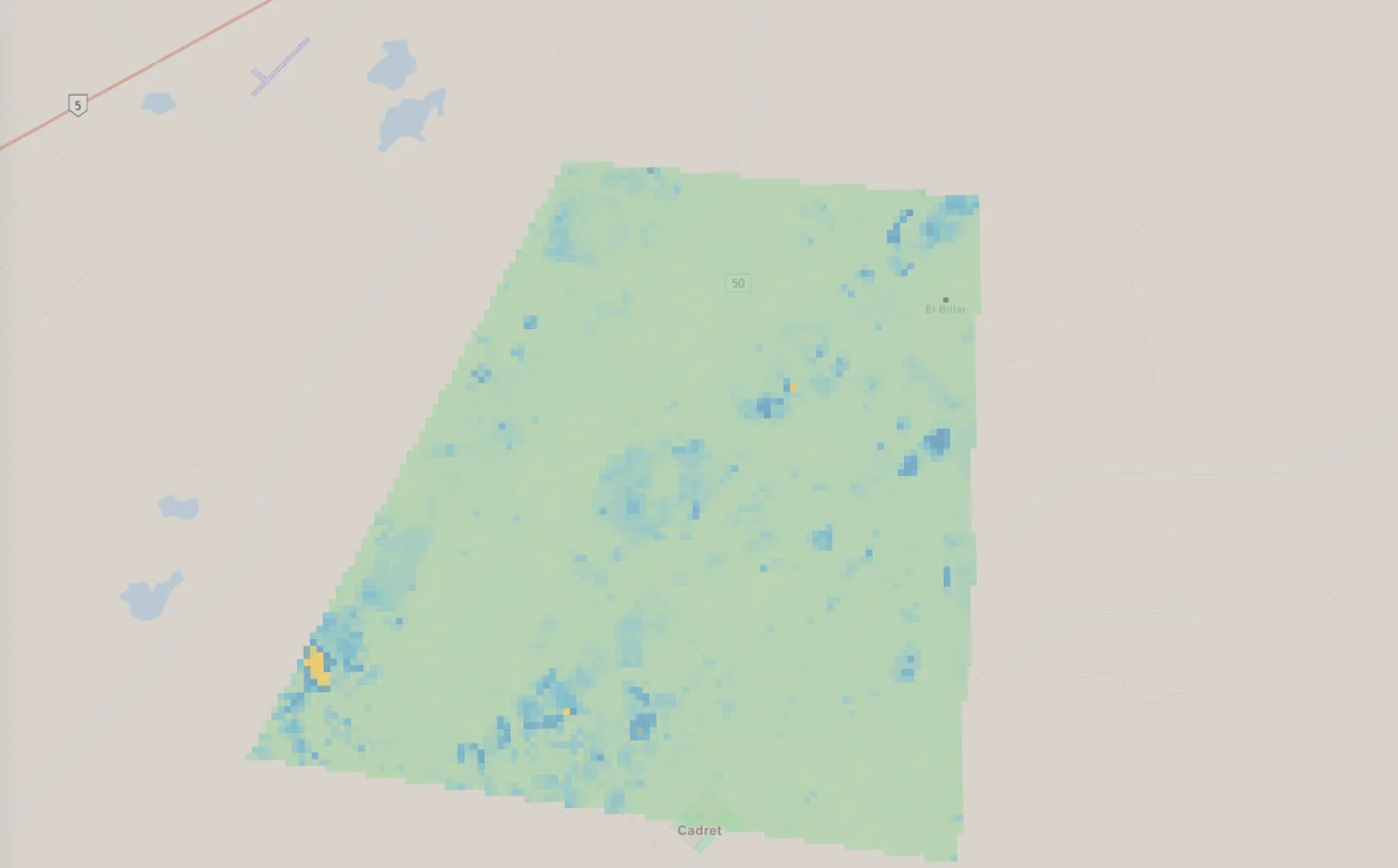 Mapa de Sirena AI del partido de Carlos Casares dividido en celdas de 1 ha coloreadas según la probabilidad de inundación